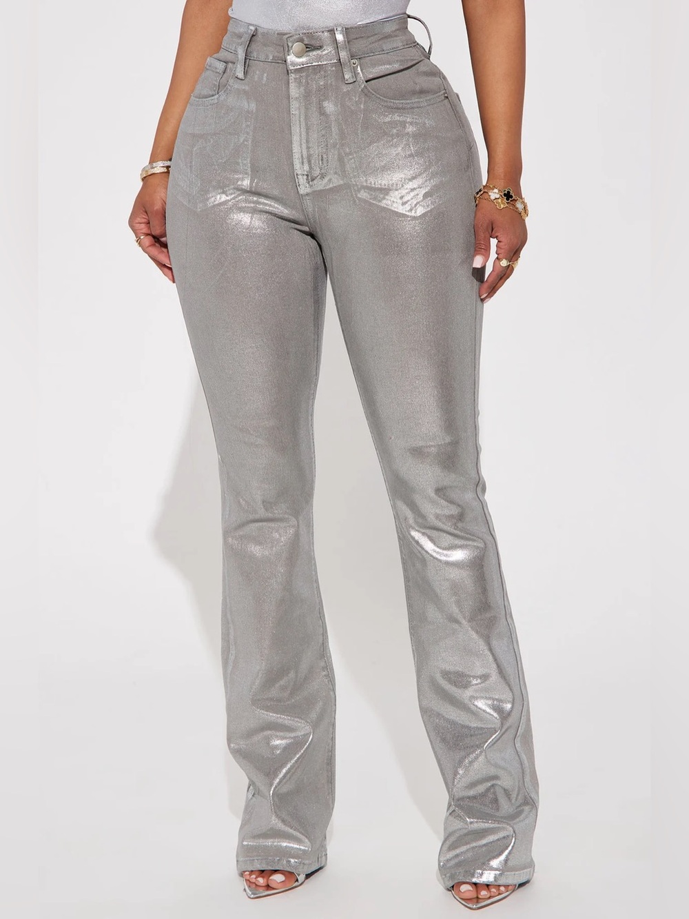 Fashion Nova Silver Metallic Flare Jeans
